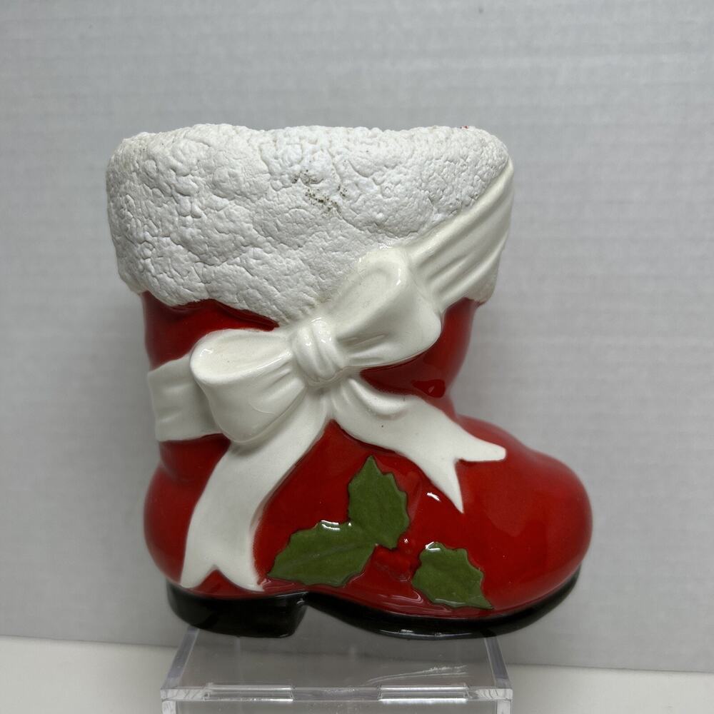 Vtg Hand Painted Ceramic Christmas Santa's Boot Holly 5" Planter Candy Holder